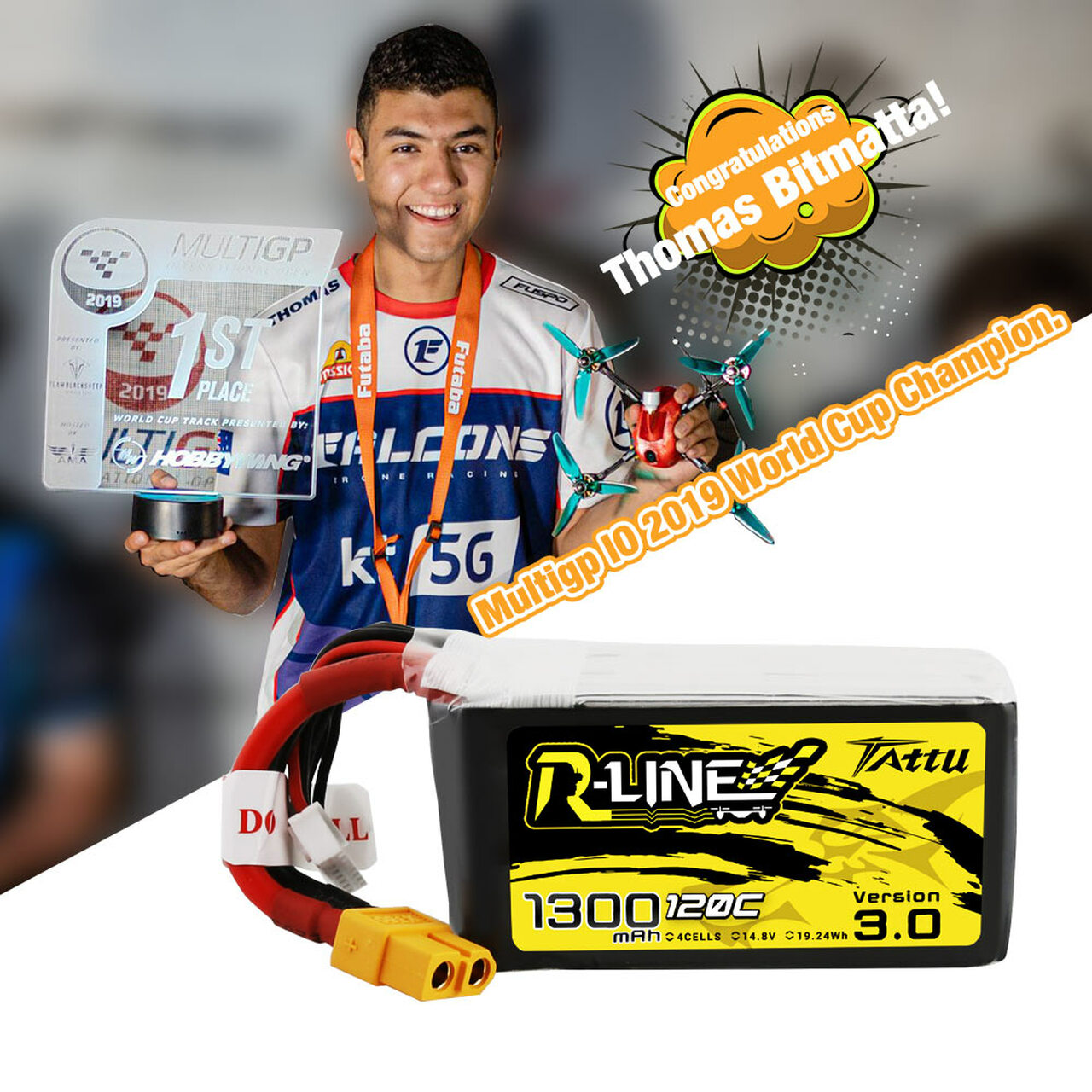 Tattu R-Line Version 3.0 1300mAh 14.8V 120C 4S1P Lipo Battery Pack with XT60 Plug - Image 2