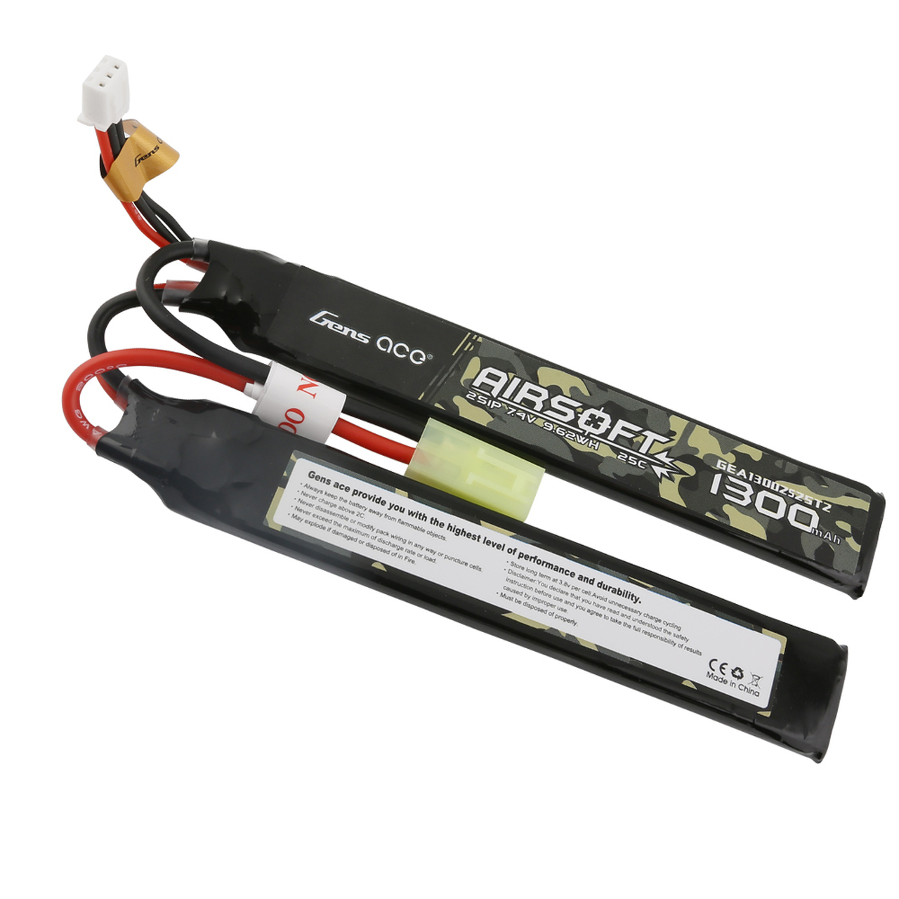 Gens ace 25C 1300mAh 2S1P 7.4V 2X Airsoft Gun Battery with Tamiya Plug
