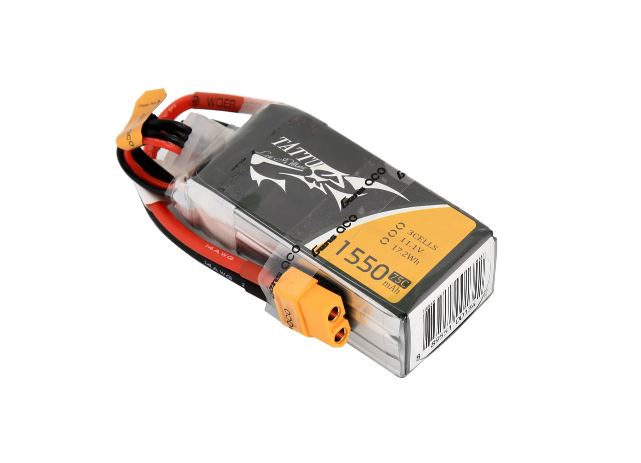 Tattu 1550mAh 11.1V 75C 3S1P Lipo Battery Pack with XT60 Plug - Image 2