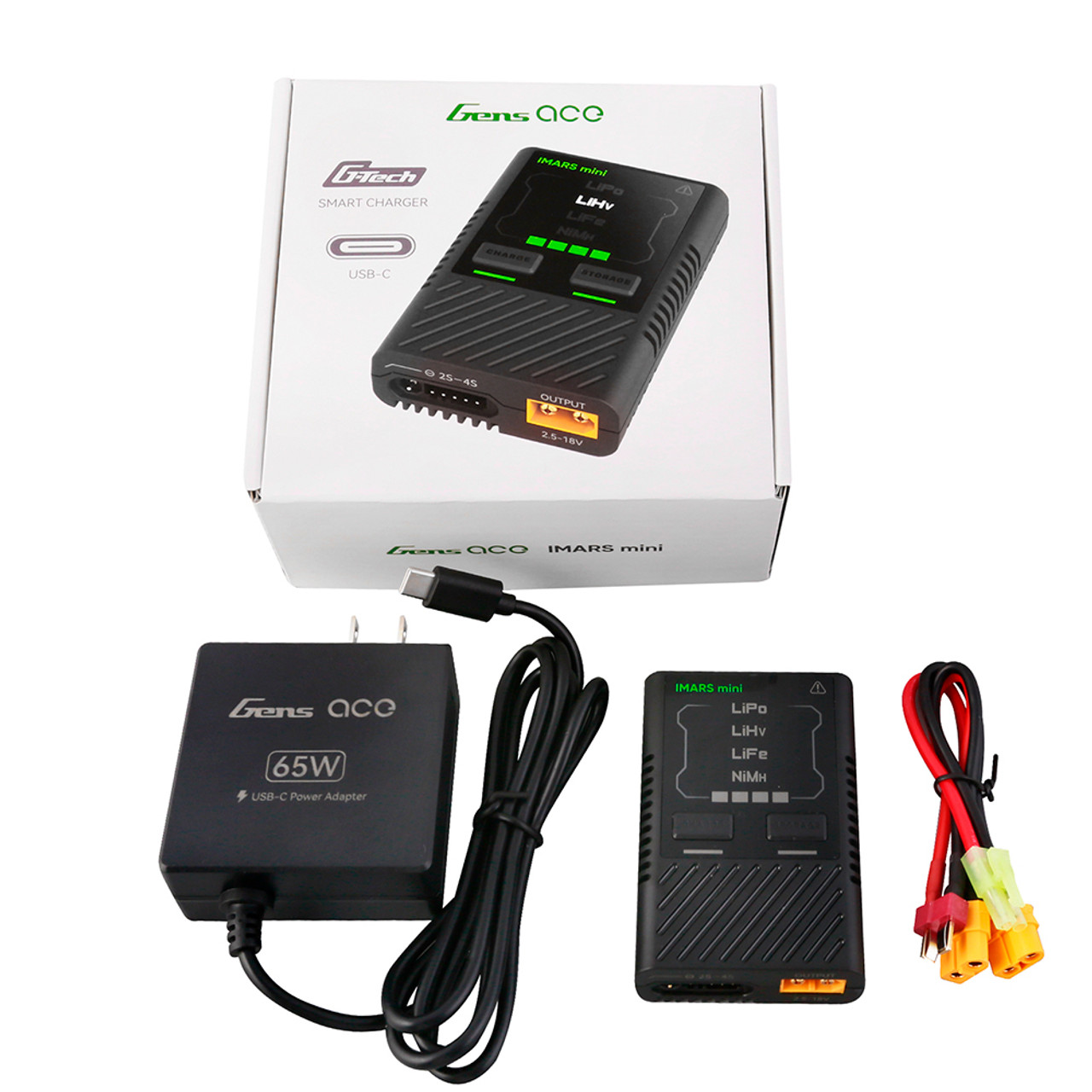 Gens ace IMARS Mini G-Tech USB-C 2-4S 60W RC Battery Charger with Power Supply Adapter and Adpter Cable-US