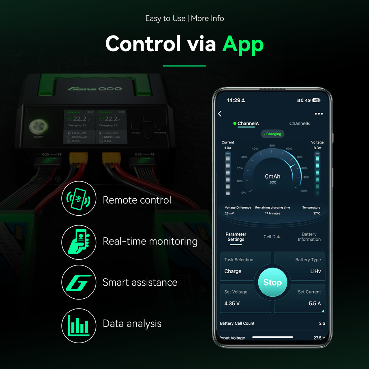 Gens ace iMars D1000 Plus Smart Charger | Bluetooth App Control | Dual Channel | G-Tech - Image 3